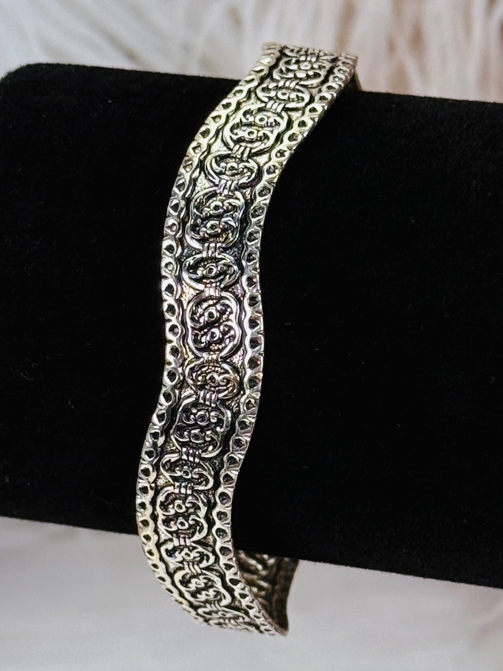 Vintage aged Silvertone asymmetric cuff bracelet